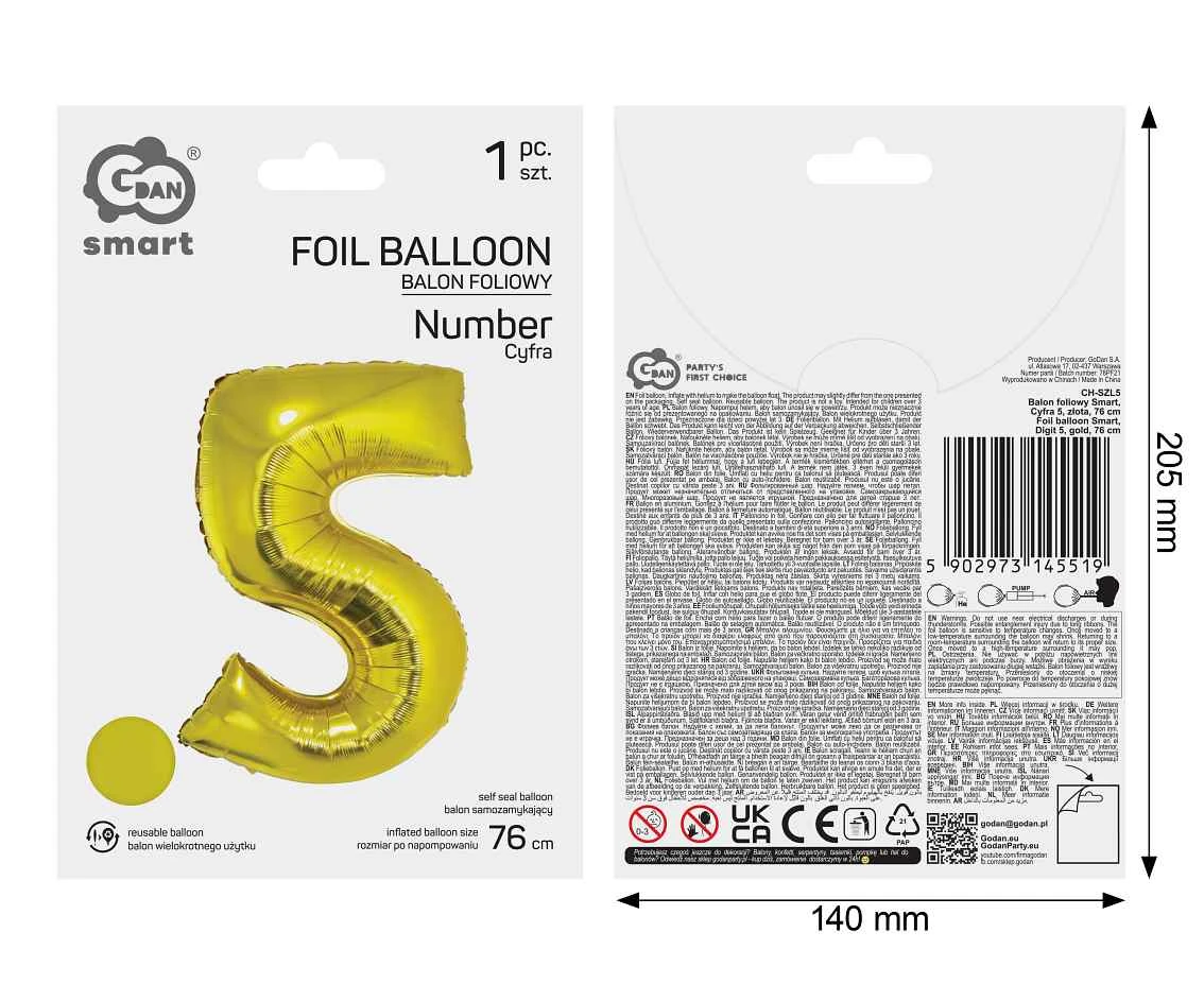 Foil balloon Smart, digit 5, gold, 76 cm